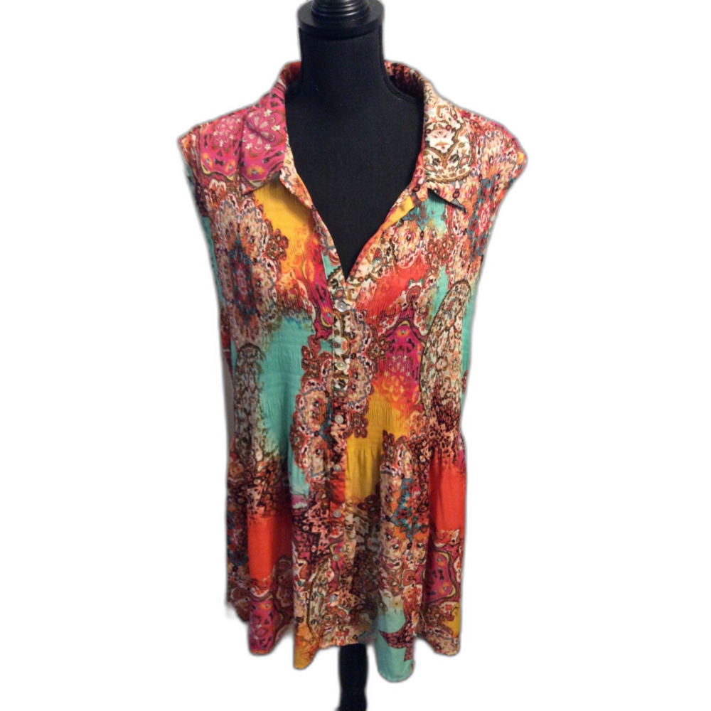 Plus Size 26/28 Avenue Sleeveless Front Button tunic COLORFUL Stretchy